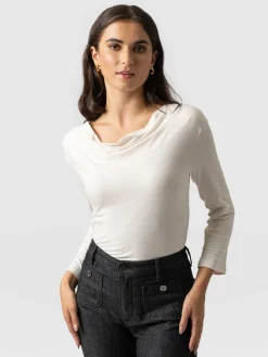 T-shirts & Tanks|Saint and Sofia Cowl Neck Tee Long Sleeve - Cream