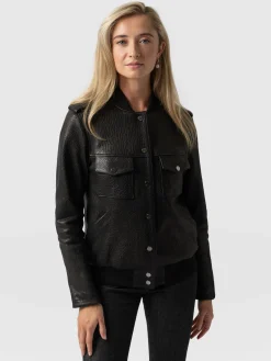 Coats & Jackets|Leather|Saint and Sofia Delphi Leather Bomber Jacket - Black