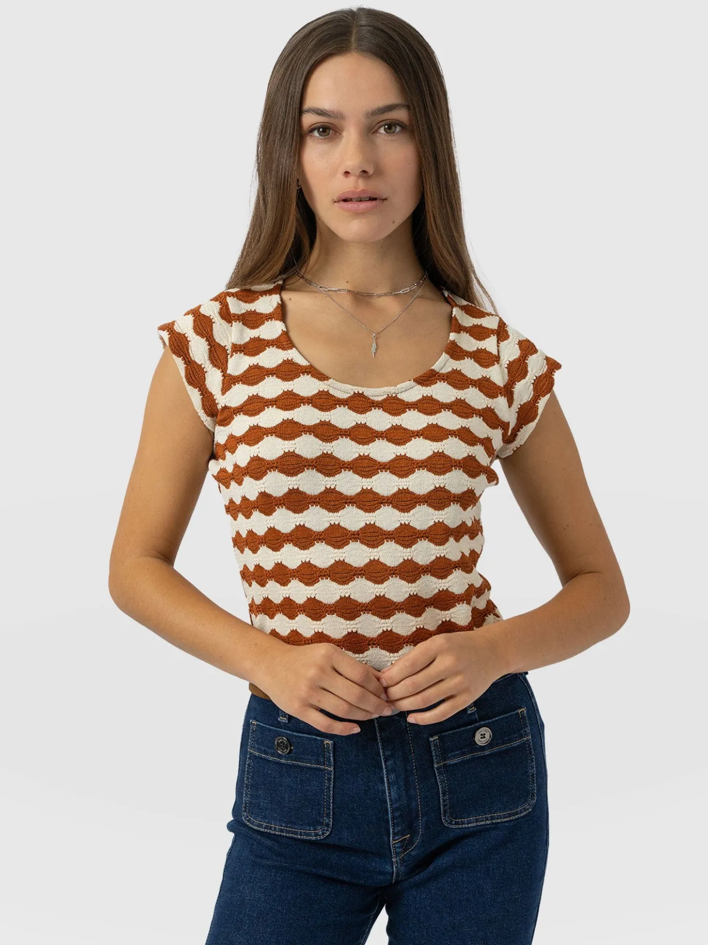 T-shirts & Tanks|Saint and Sofia Elise Scoop Neck Tee - Brown/Cream