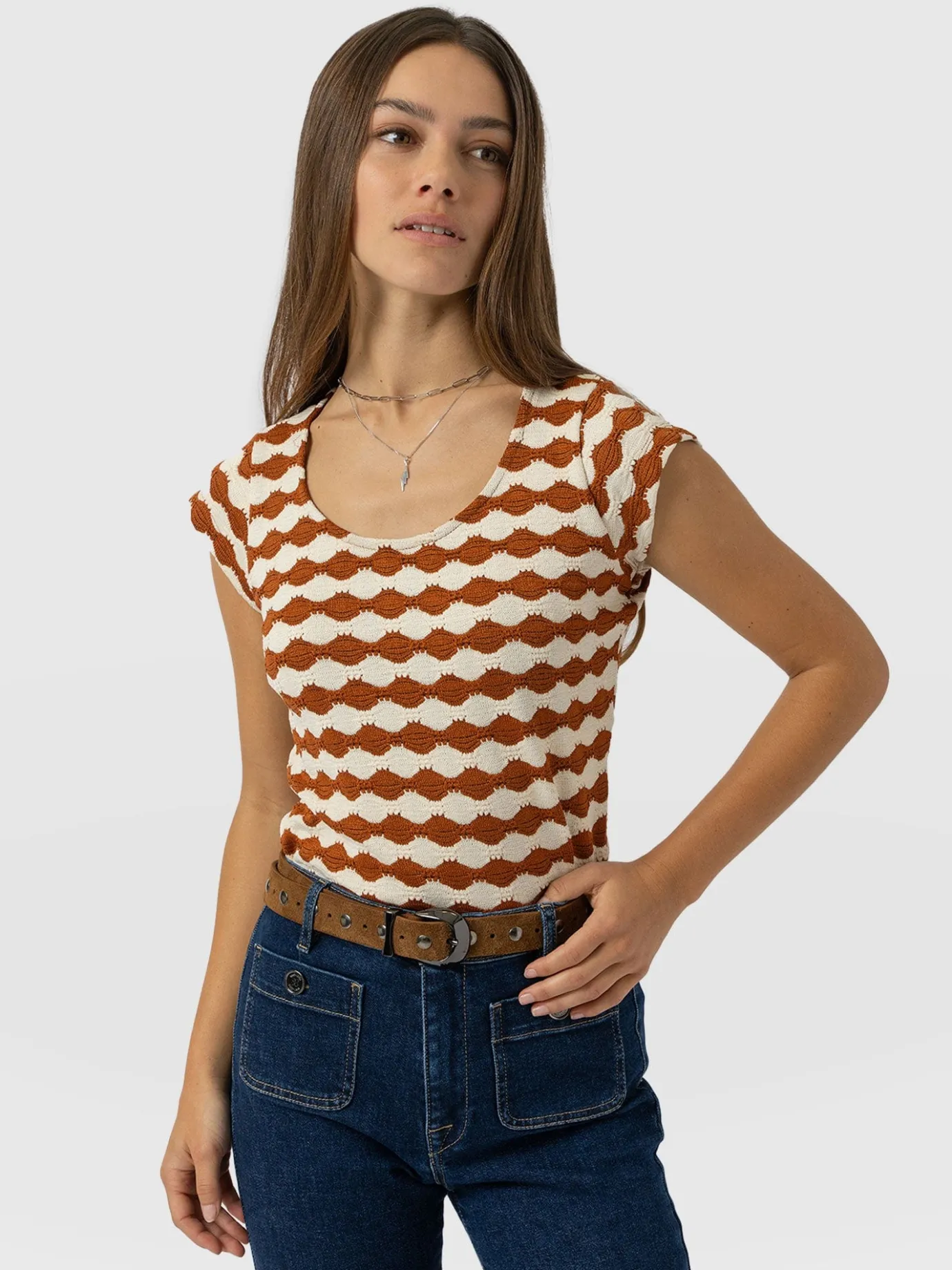 T-shirts & Tanks|Saint and Sofia Elise Scoop Neck Tee - Brown/Cream