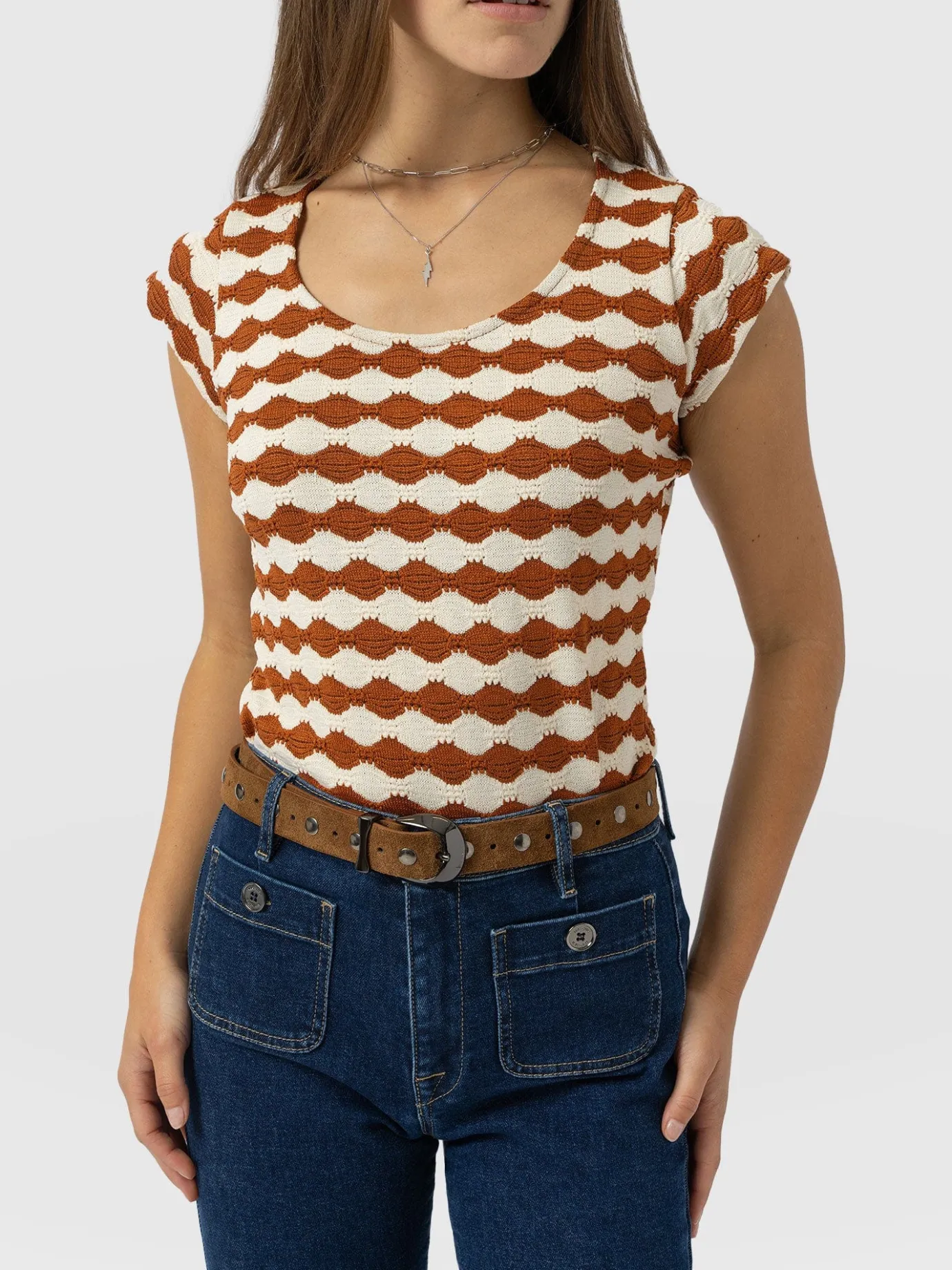 T-shirts & Tanks|Saint and Sofia Elise Scoop Neck Tee - Brown/Cream
