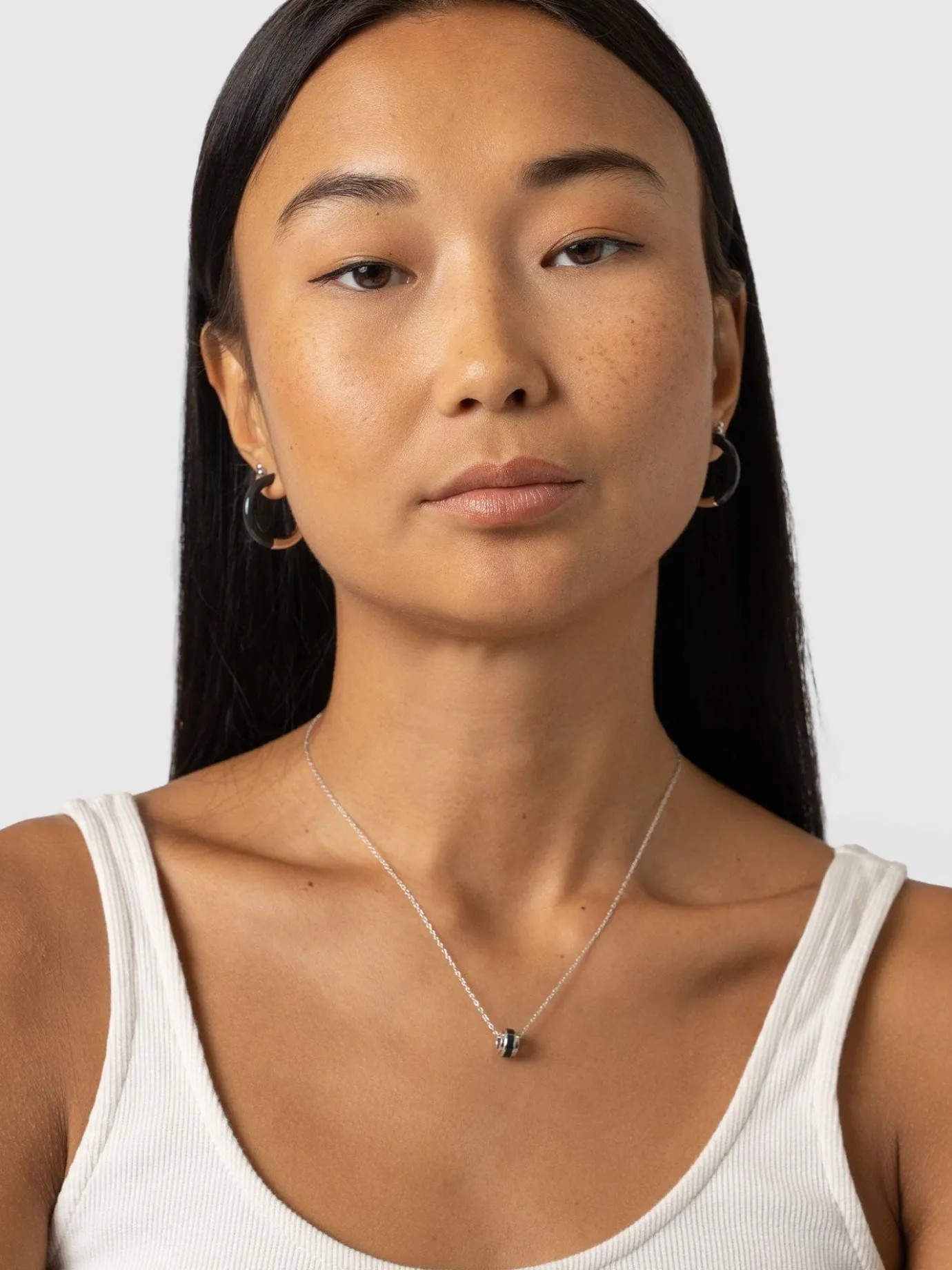 Silver Jewelry|Jewelry|Saint and Sofia Enamel Stripe Charm Necklace - Silver/Black