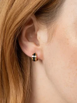 Gold Jewelry|Jewelry|Saint and Sofia Enamel Stripe Huggie Earrings - Gold/Black