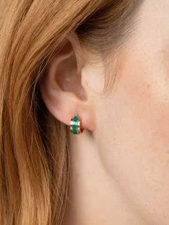 Gold Jewelry|Jewelry|Saint and Sofia Enamel Stripe Huggie Earrings - Gold/Green