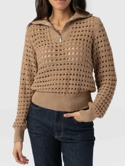 Knitwear|Sweaters|Saint and Sofia Ester Quarter Zip Knit - Camel