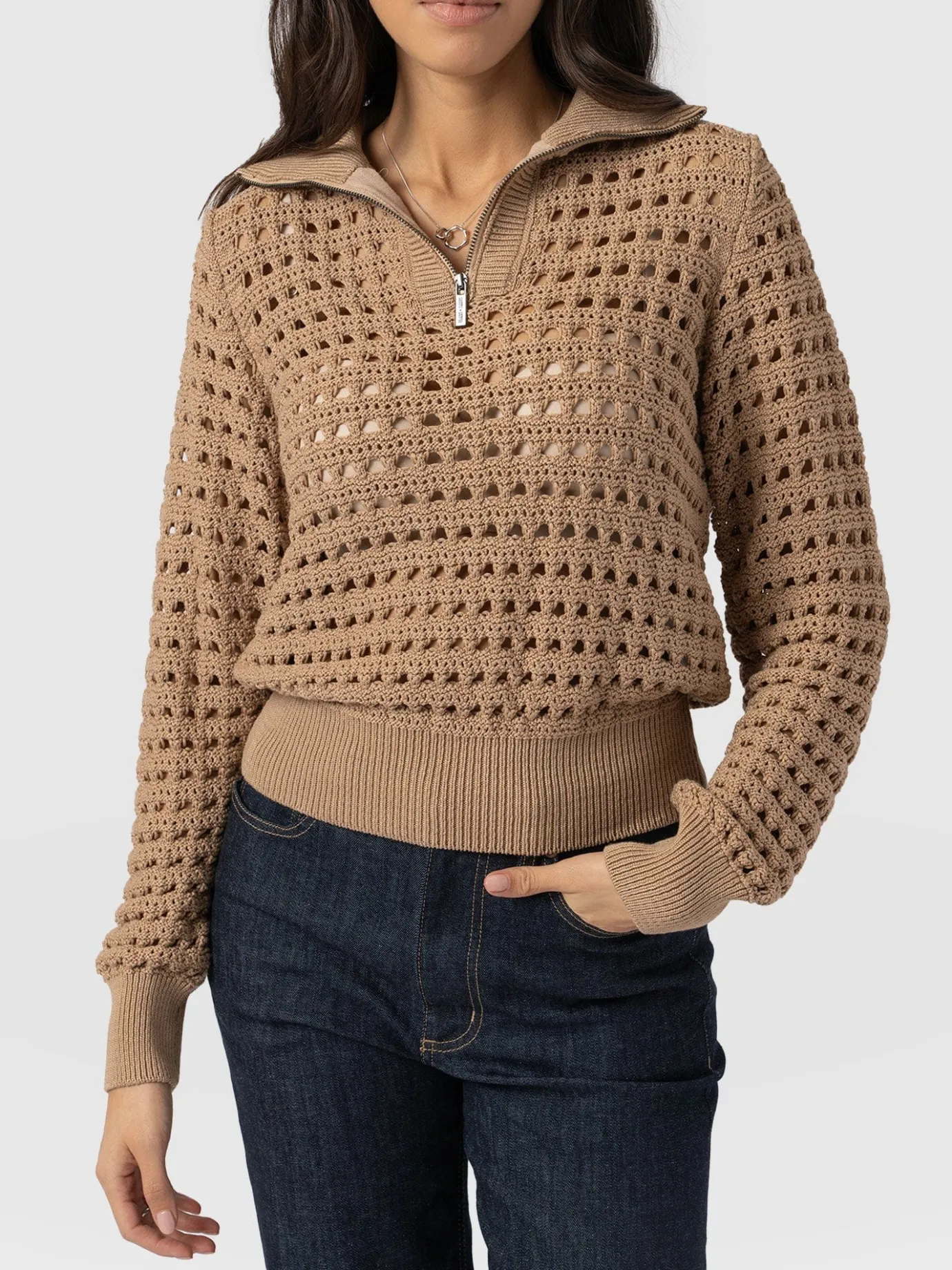 Knitwear|Sweaters|Saint and Sofia Ester Quarter Zip Knit - Camel