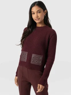 Knitwear|Sweaters|Saint and Sofia Eyelet Rib Knit Sweater - Maroon