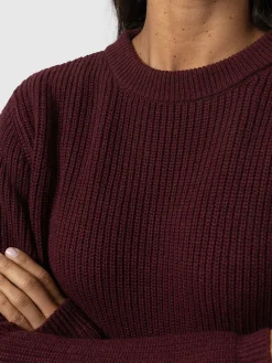 Knitwear|Sweaters|Saint and Sofia Eyelet Rib Knit Sweater - Maroon