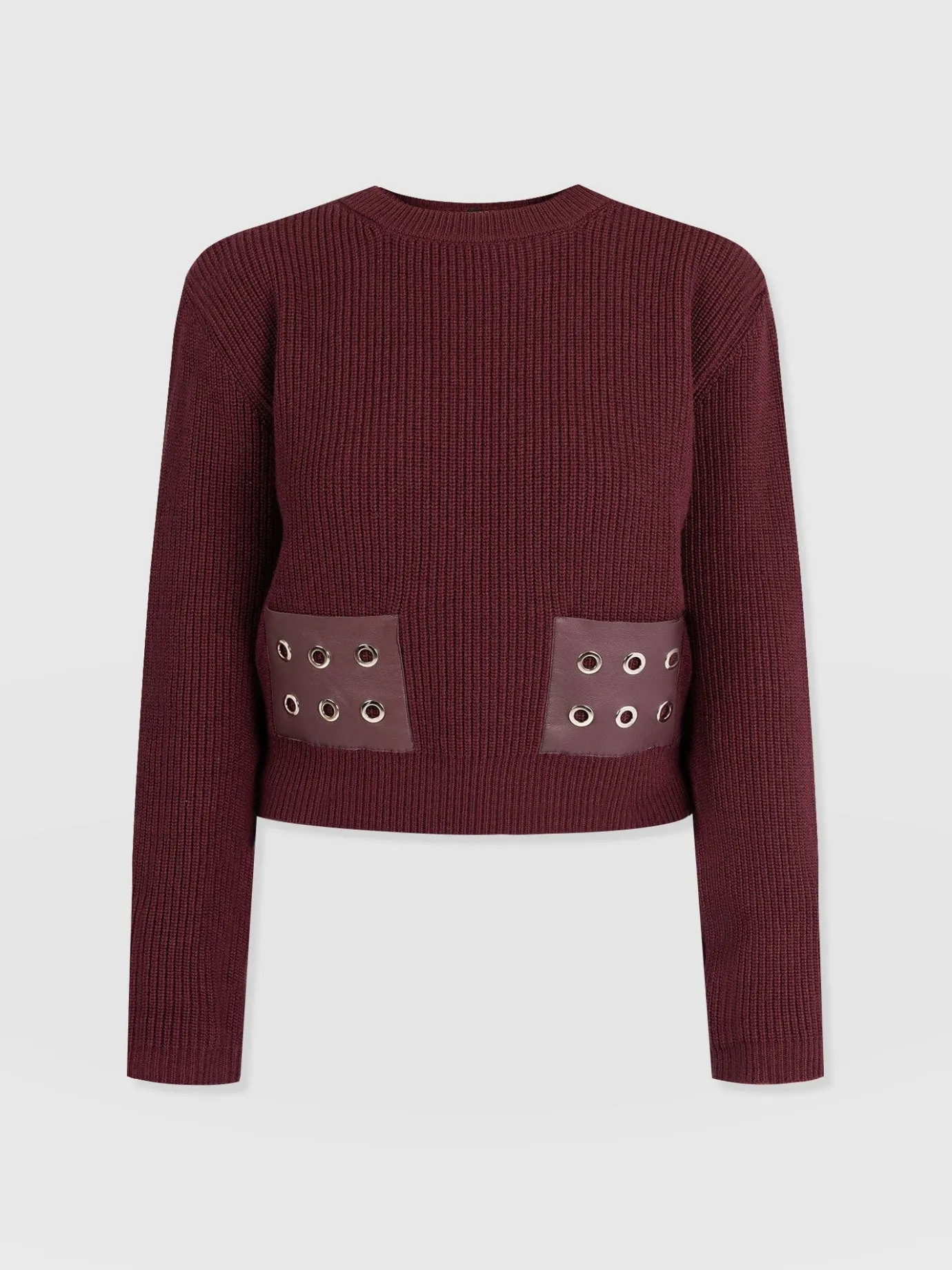Knitwear|Sweaters|Saint and Sofia Eyelet Rib Knit Sweater - Maroon