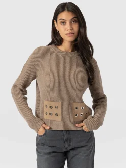 Knitwear|Sweaters|Saint and Sofia Eyelet Rib Knit Sweater - Mocha