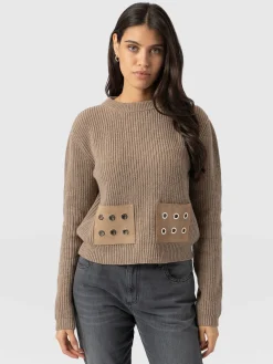 Knitwear|Sweaters|Saint and Sofia Eyelet Rib Knit Sweater - Mocha