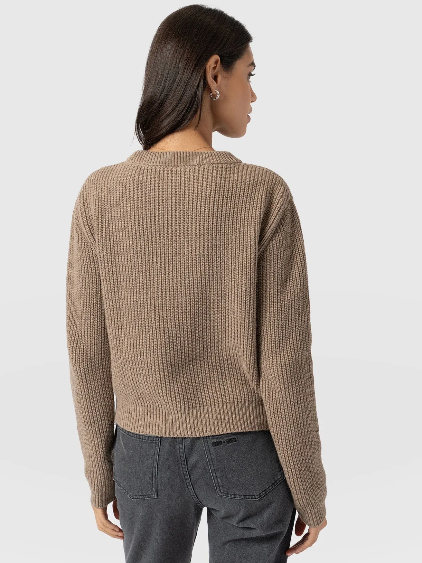 Knitwear|Sweaters|Saint and Sofia Eyelet Rib Knit Sweater - Mocha