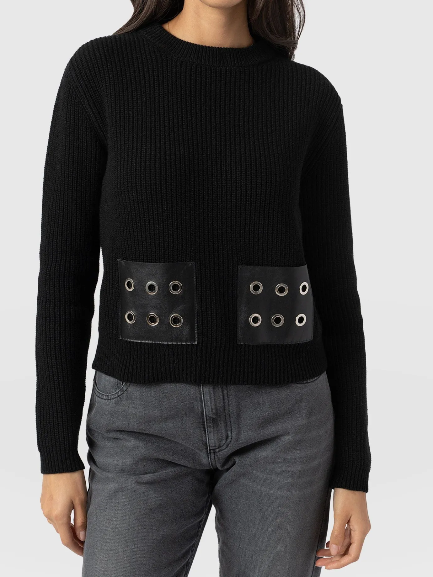 Knitwear|Sweaters|Saint and Sofia Eyelet Rib Knit Sweater - Black