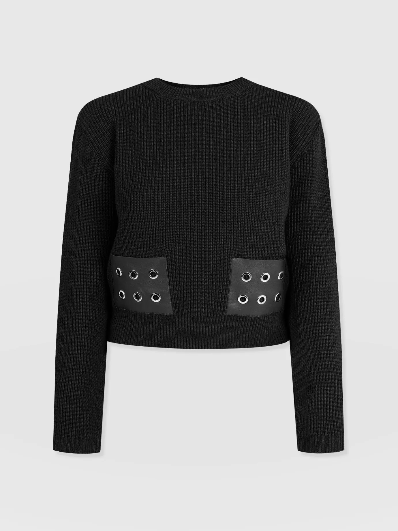 Knitwear|Sweaters|Saint and Sofia Eyelet Rib Knit Sweater - Black