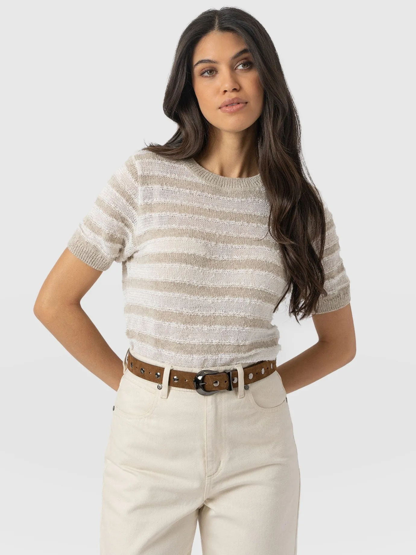 Knitwear|T-shirts & Tanks|Saint and Sofia Fearne Knit Tee - Cream Stripe