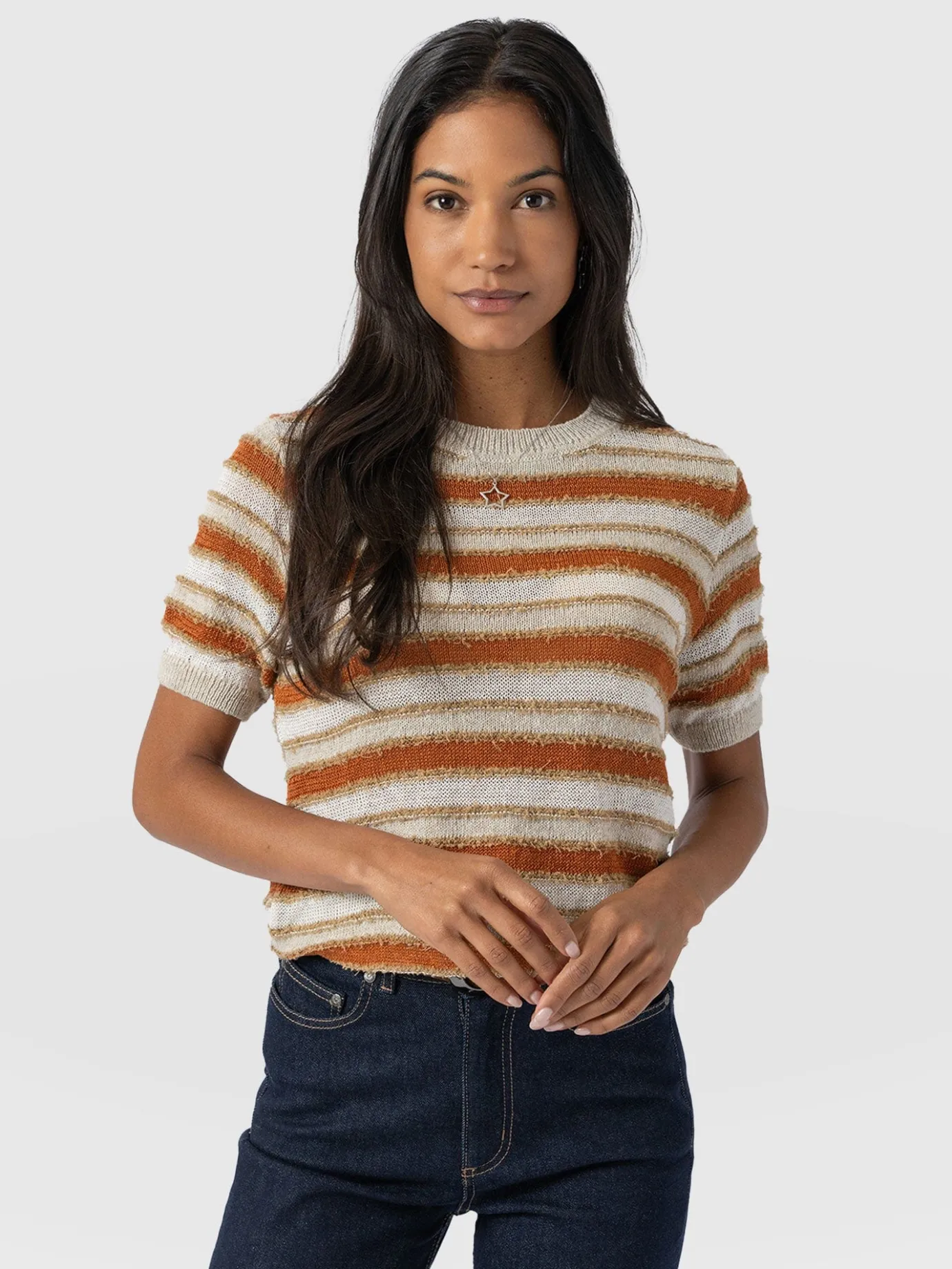 Knitwear|T-shirts & Tanks|Saint and Sofia Fearne Knit Tee - Rust Stripe