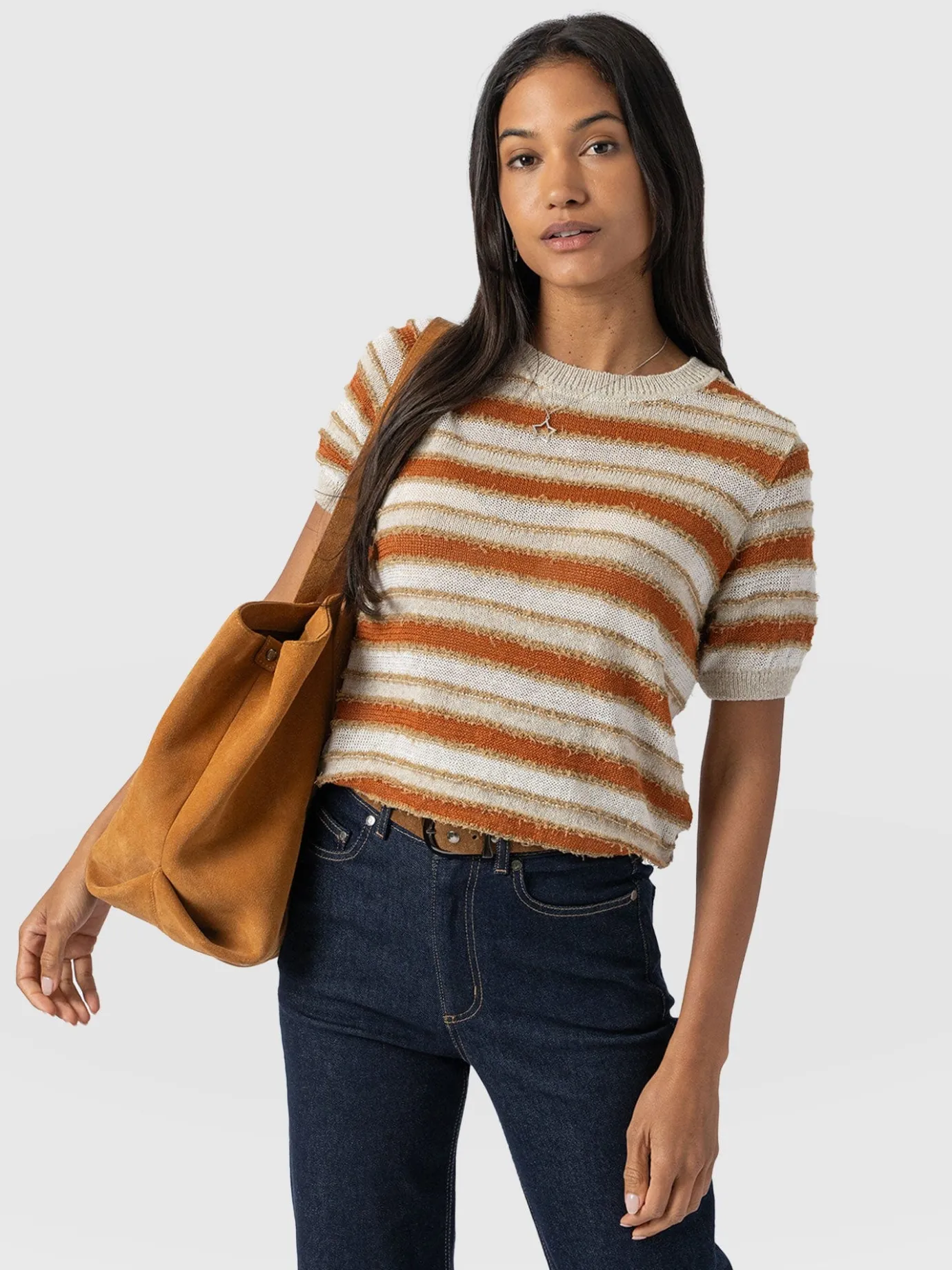 Knitwear|T-shirts & Tanks|Saint and Sofia Fearne Knit Tee - Rust Stripe