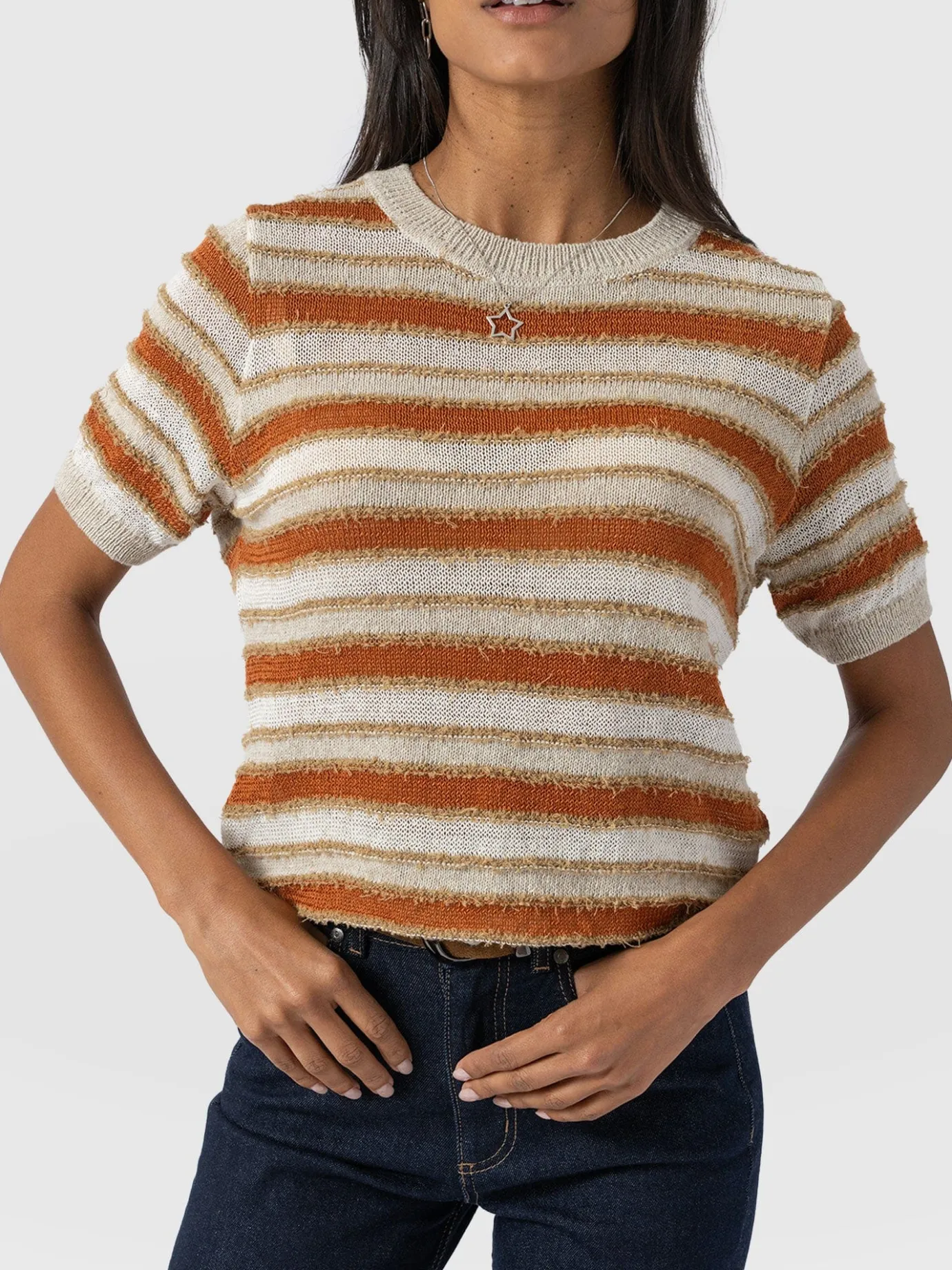 Knitwear|T-shirts & Tanks|Saint and Sofia Fearne Knit Tee - Rust Stripe