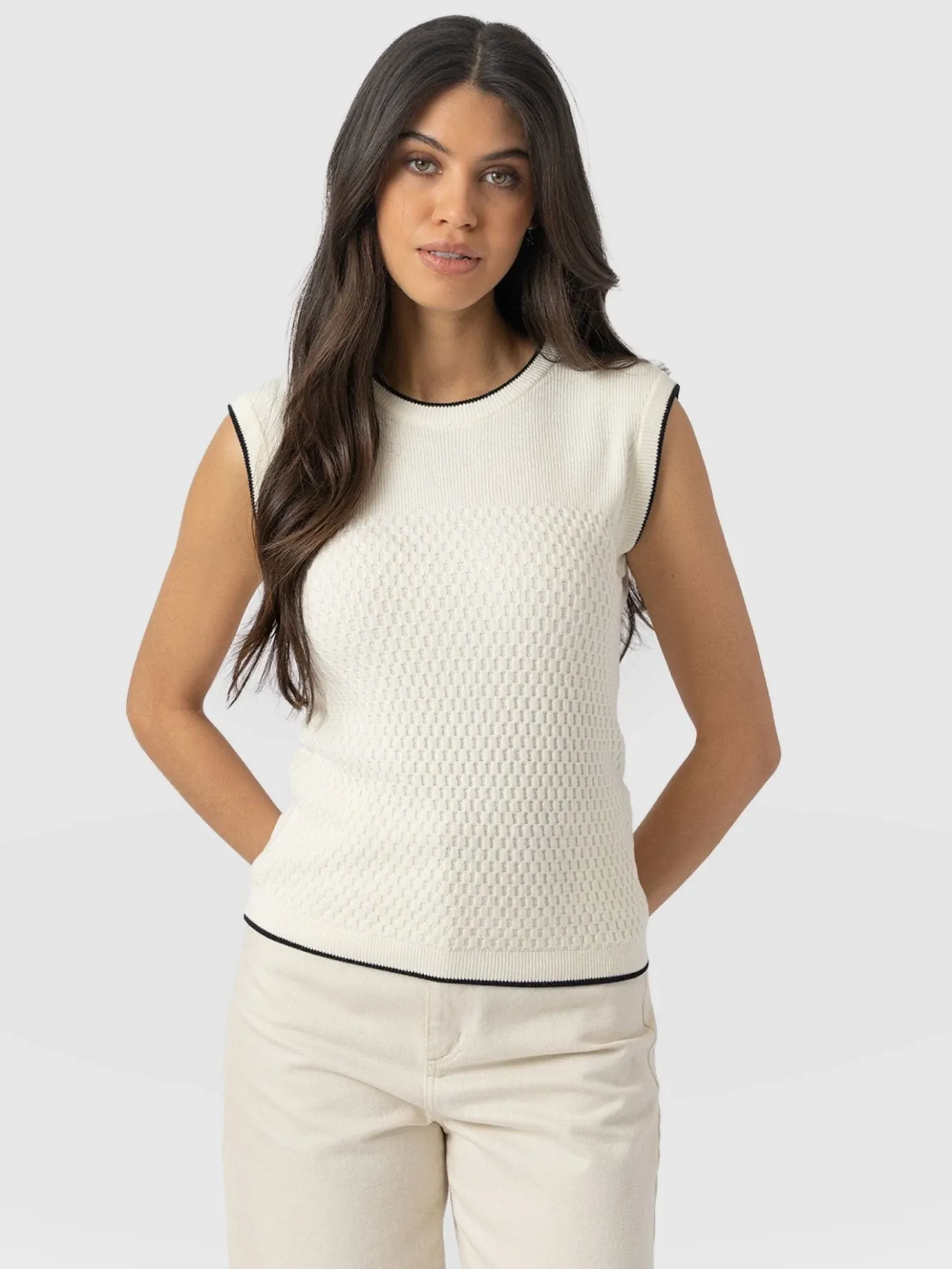 T-shirts & Tanks|Knitwear|Saint and Sofia Honeycomb Sleeveless Rib Knit - Cream