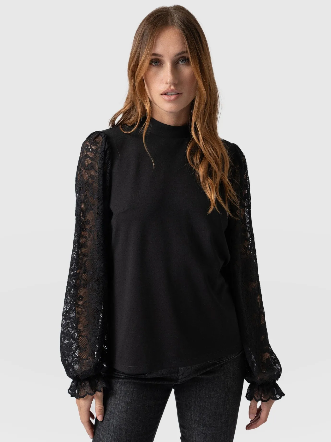 Blouses & Shirts|Saint and Sofia Lace Penny Puff Long Sleeve Top - Black