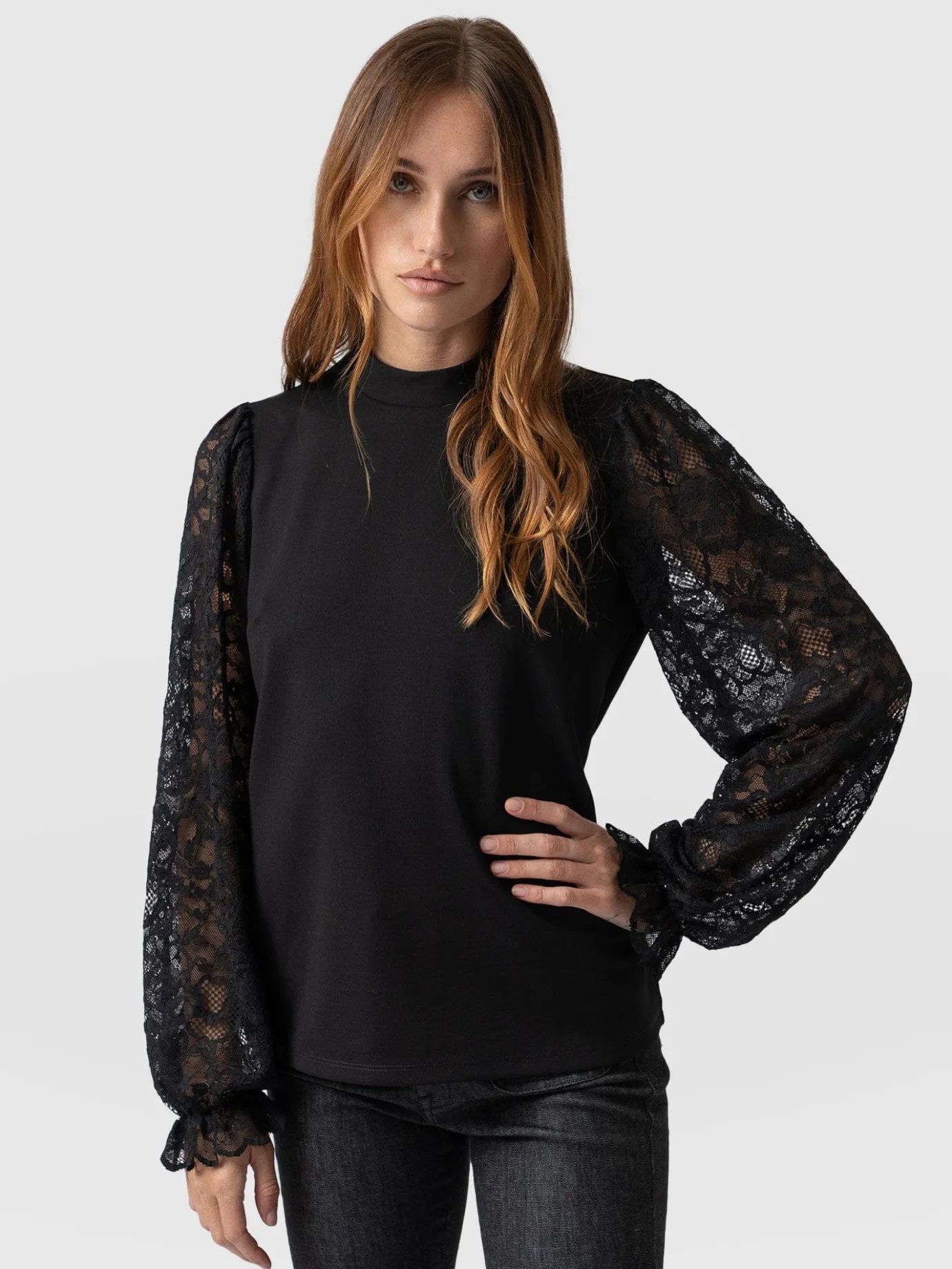 Blouses & Shirts|Saint and Sofia Lace Penny Puff Long Sleeve Top - Black