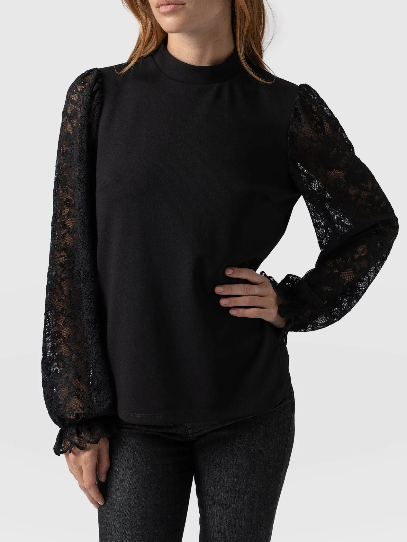 Blouses & Shirts|Saint and Sofia Lace Penny Puff Long Sleeve Top - Black