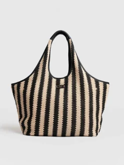 Accessories|Tote Bags|Saint and Sofia Large Stella Shoulder Tote Bag - Beige/Black Raffia