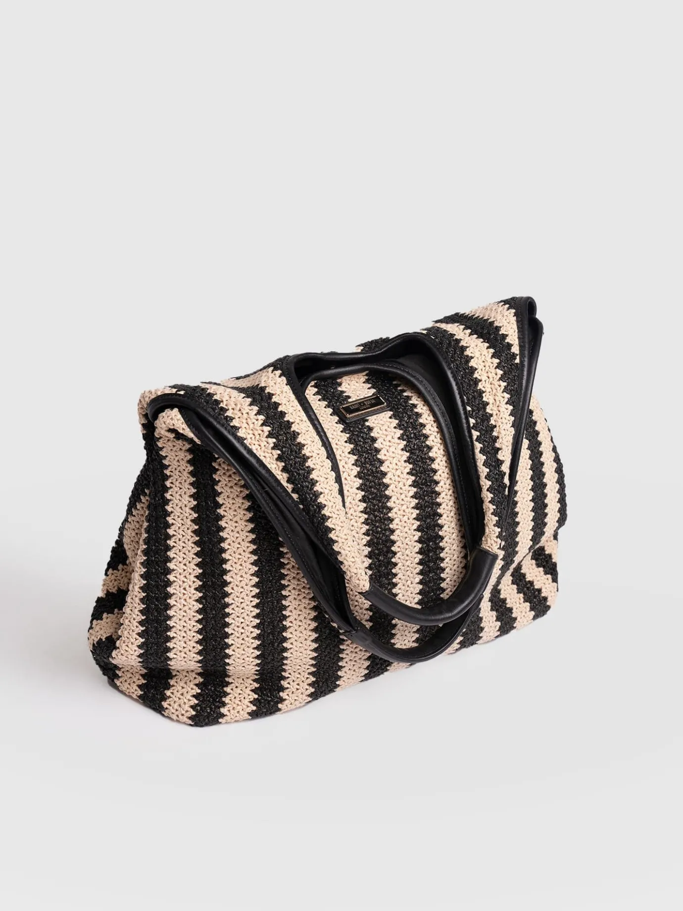 Accessories|Tote Bags|Saint and Sofia Large Stella Shoulder Tote Bag - Beige/Black Raffia