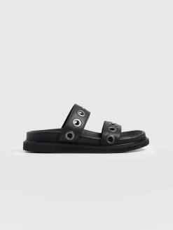 Shoes|Sandals|Saint and Sofia Madison Eyelet Slides - Black