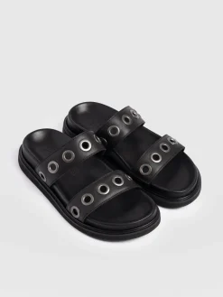 Shoes|Sandals|Saint and Sofia Madison Eyelet Slides - Black
