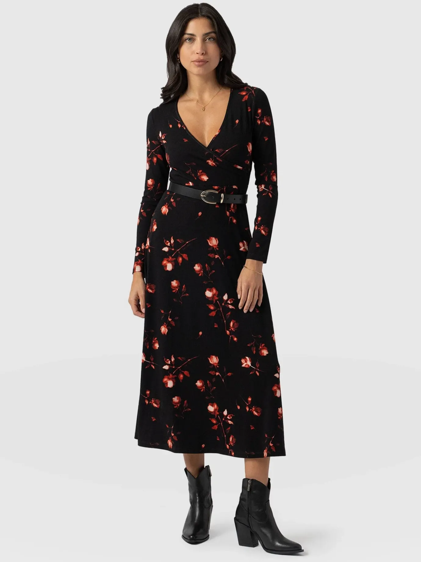 Dresses|Saint and Sofia Maggie Wrap Midi Dress - Dark Roses