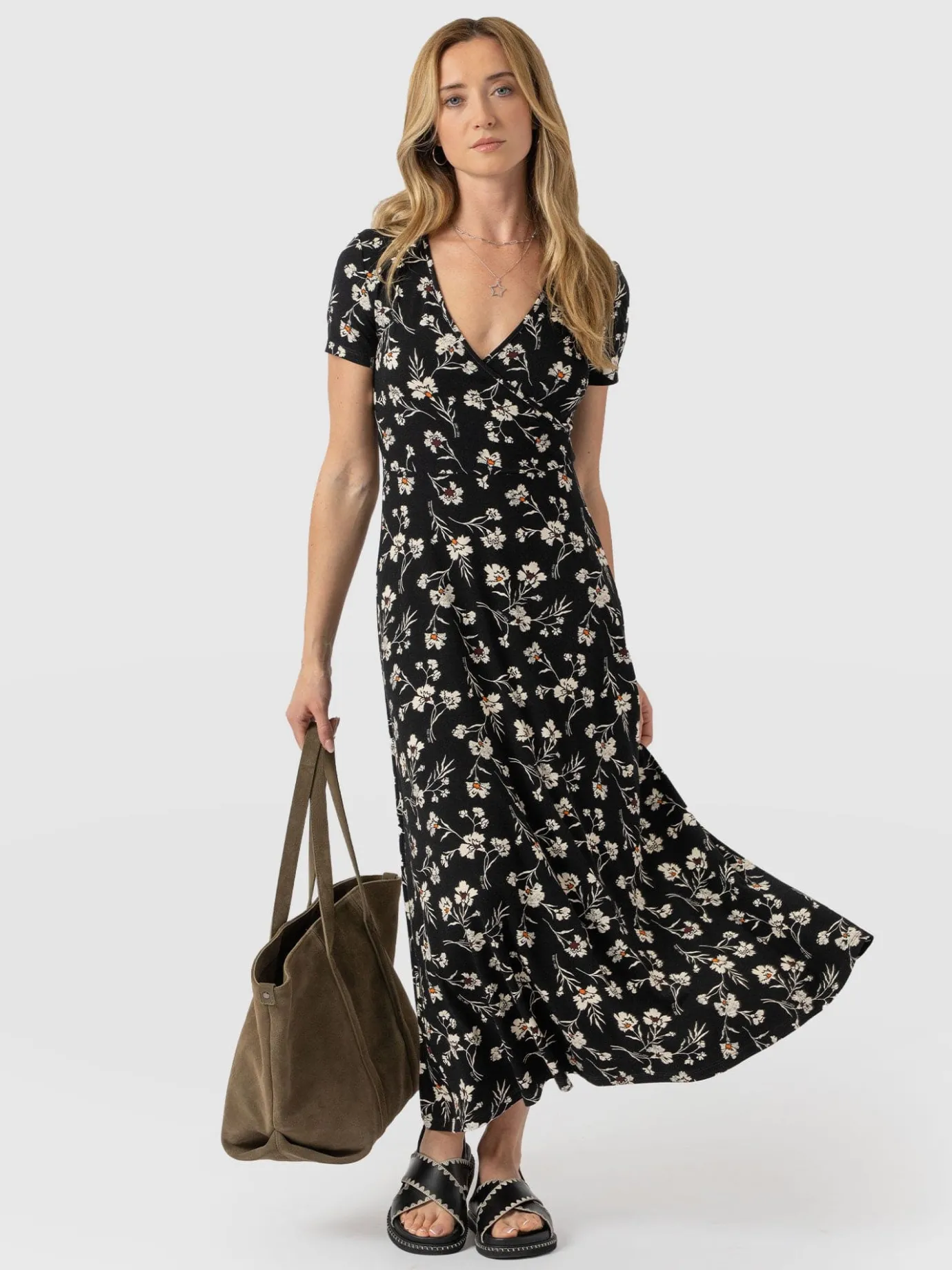 Dresses|Saint and Sofia Maggie Wrap Short Sleeve Midi Dress - Black Spring Floral