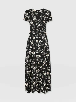 Dresses|Saint and Sofia Maggie Wrap Short Sleeve Midi Dress - Black Spring Floral