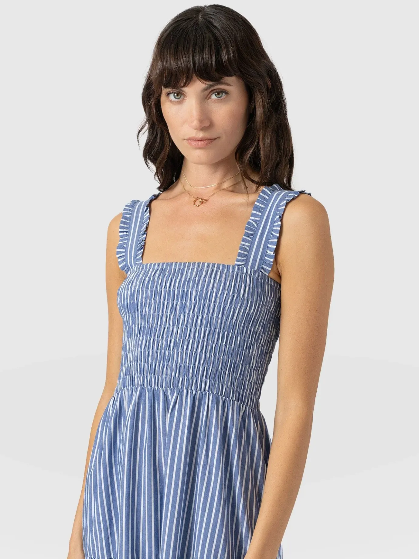 Dresses|Saint and Sofia Maya Shirring Dress - Blue Stripe