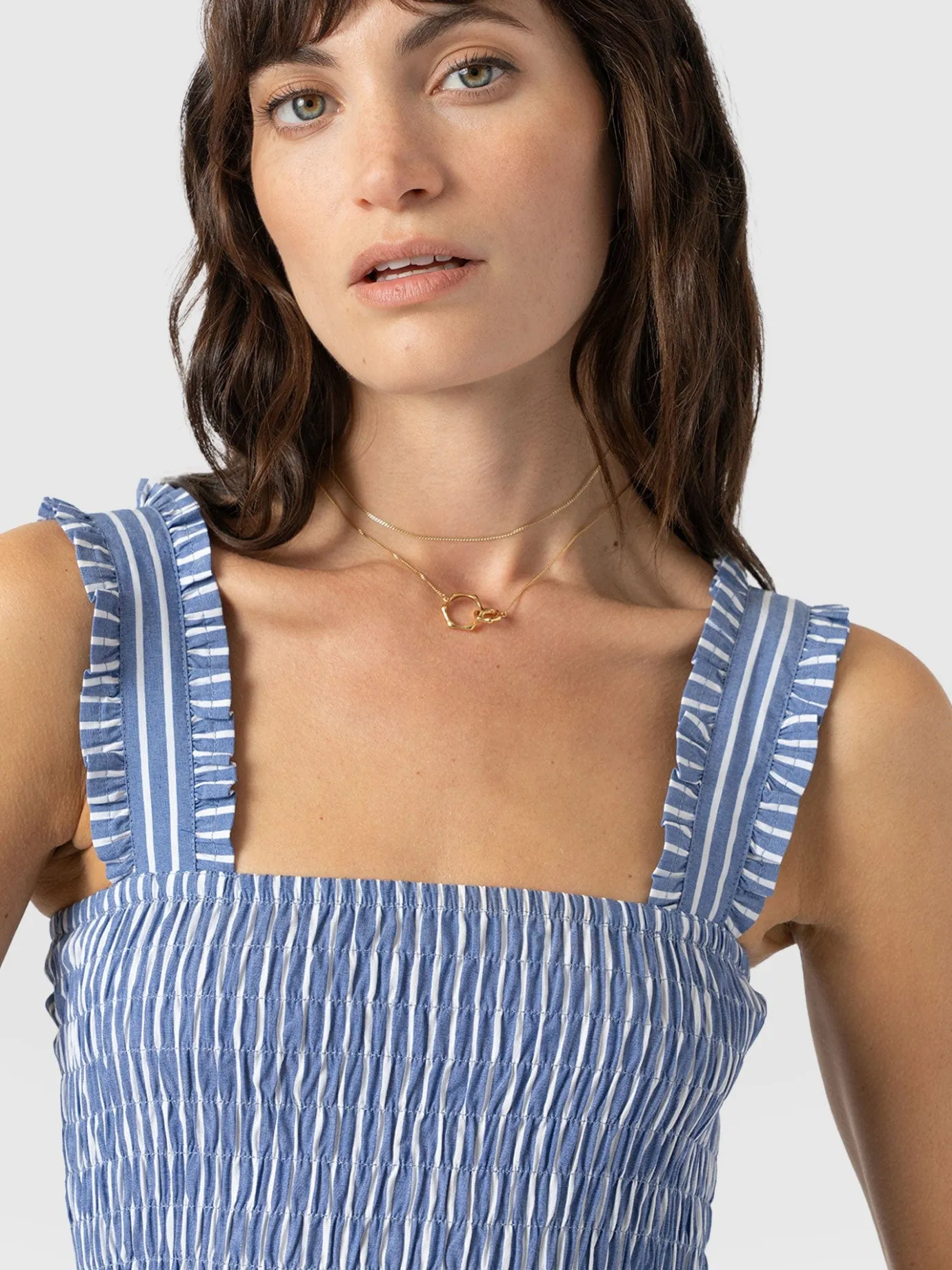 Dresses|Saint and Sofia Maya Shirring Dress - Blue Stripe