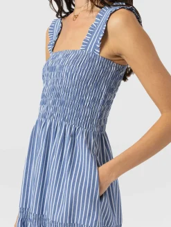 Dresses|Saint and Sofia Maya Shirring Dress - Blue Stripe