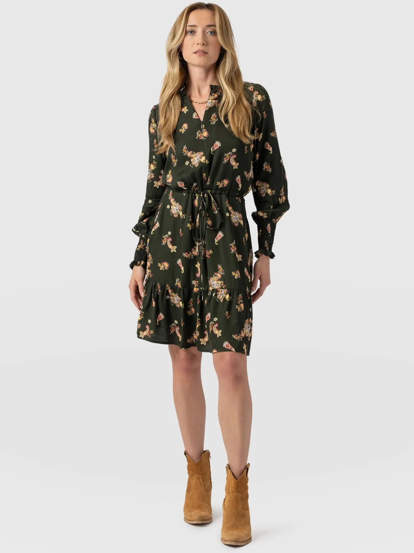 Dresses|Saint and Sofia Mini Olivia Zip Up Dress - Khaki Paisley