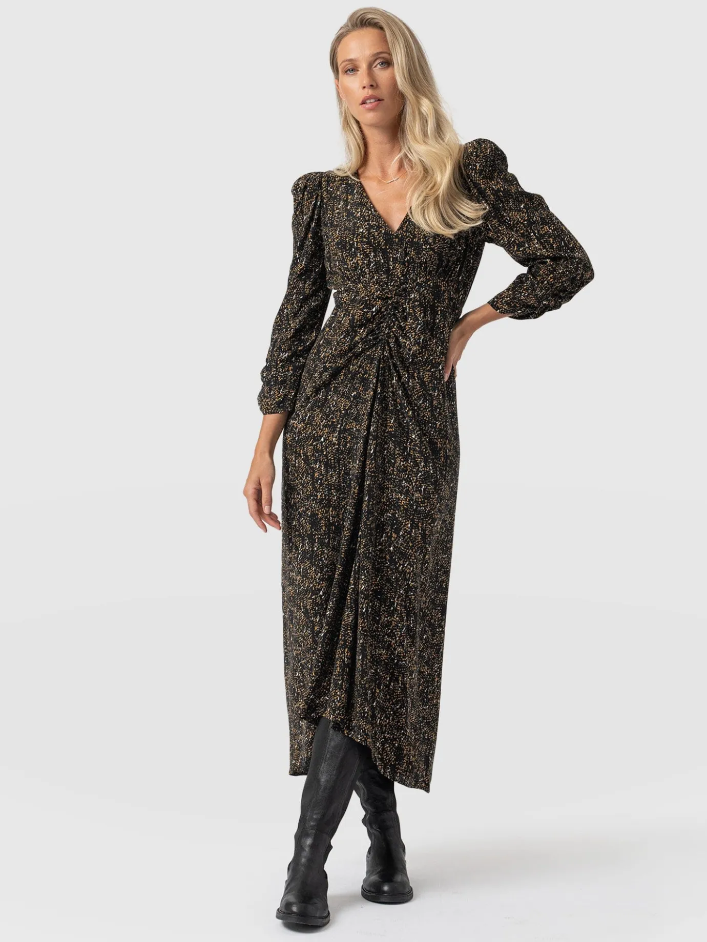 Dresses|Saint and Sofia Paloma Ruched Dress - Ditsy Leopard