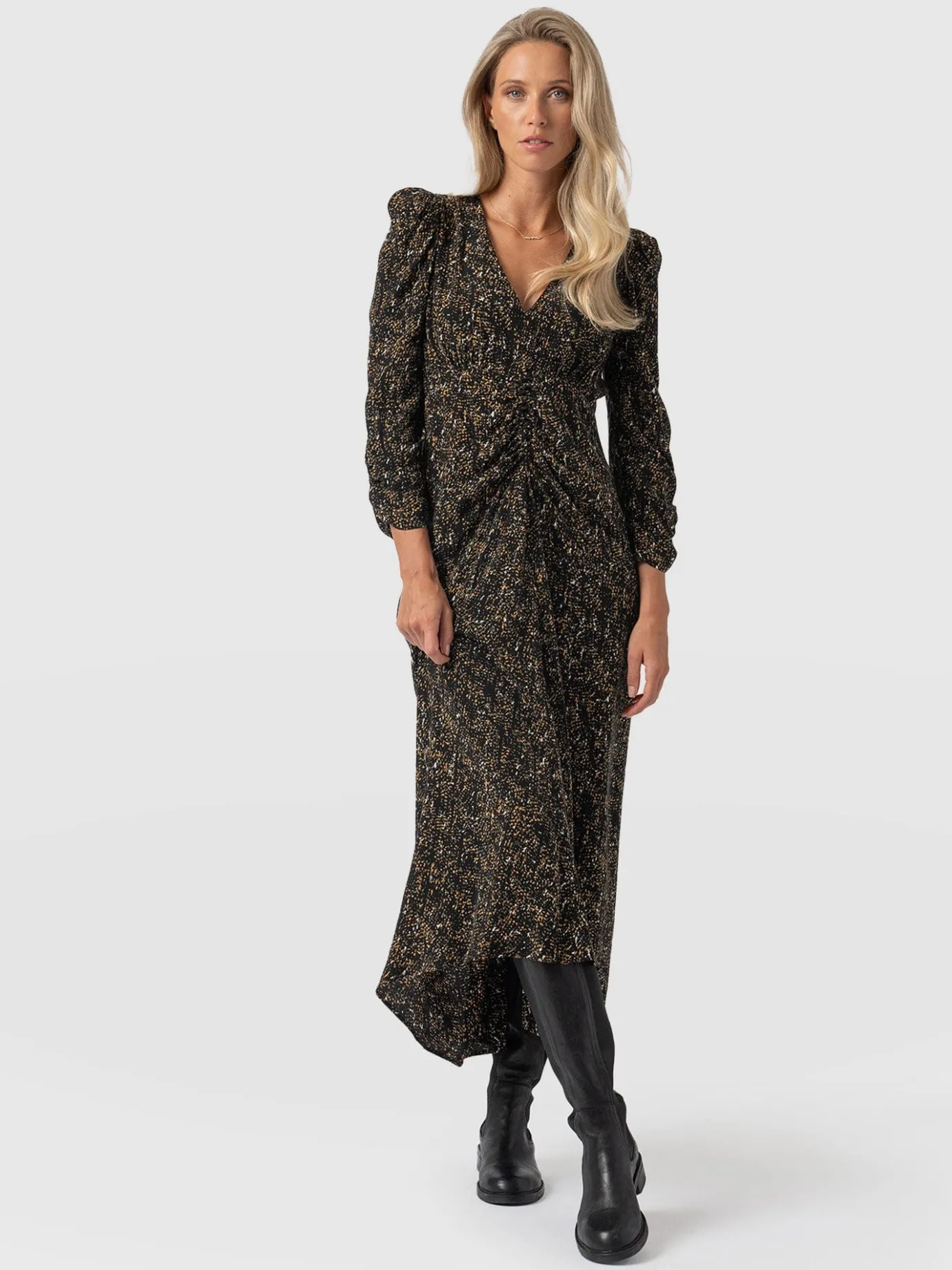 Dresses|Saint and Sofia Paloma Ruched Dress - Ditsy Leopard