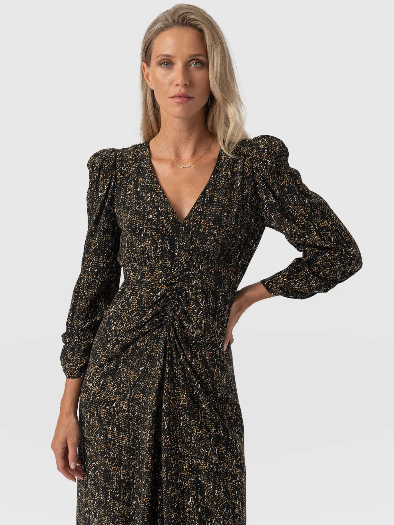 Dresses|Saint and Sofia Paloma Ruched Dress - Ditsy Leopard
