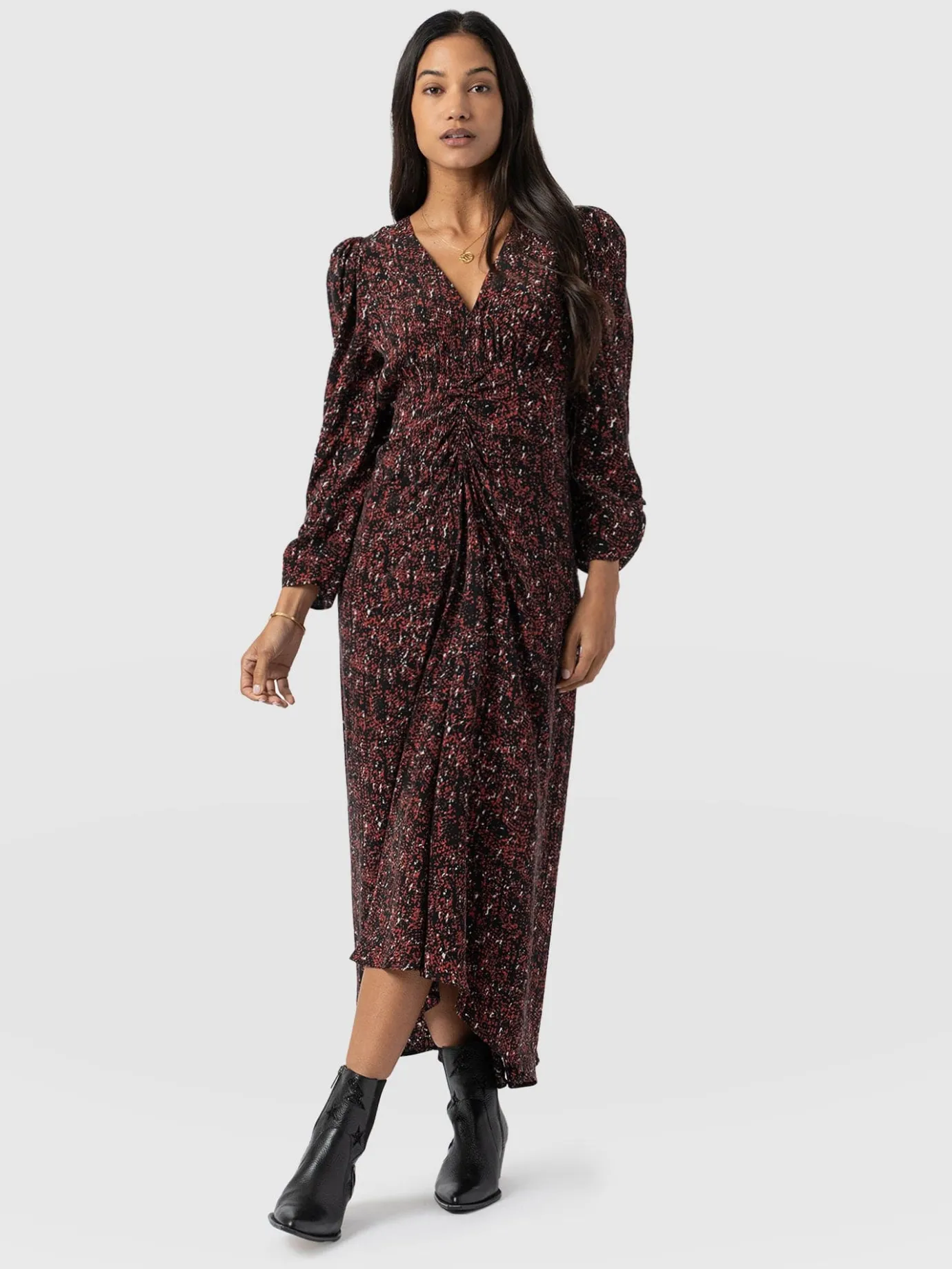 Dresses|Saint and Sofia Paloma Ruched Dress - Red Ditsy Leopard