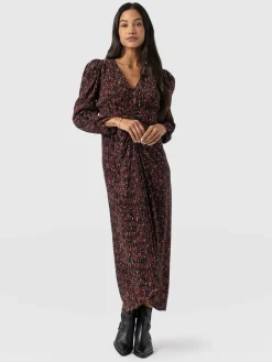 Dresses|Saint and Sofia Paloma Ruched Dress - Red Ditsy Leopard