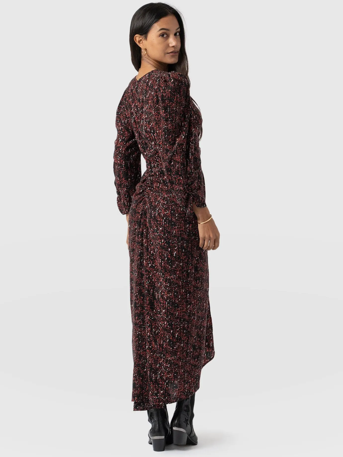 Dresses|Saint and Sofia Paloma Ruched Dress - Red Ditsy Leopard