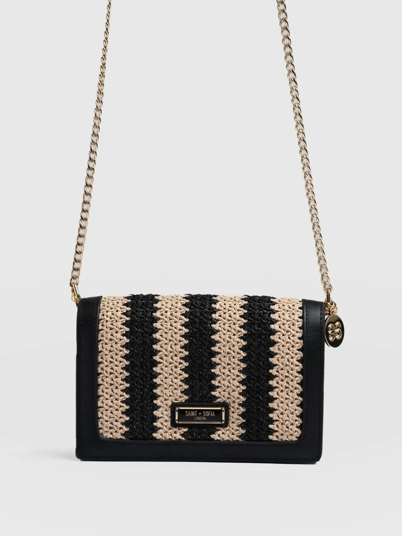 Cross Body Bags|Saint and Sofia Primrose Wallet on Chain - Beige/Black Raffia