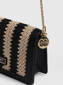 Cross Body Bags|Saint and Sofia Primrose Wallet on Chain - Beige/Black Raffia