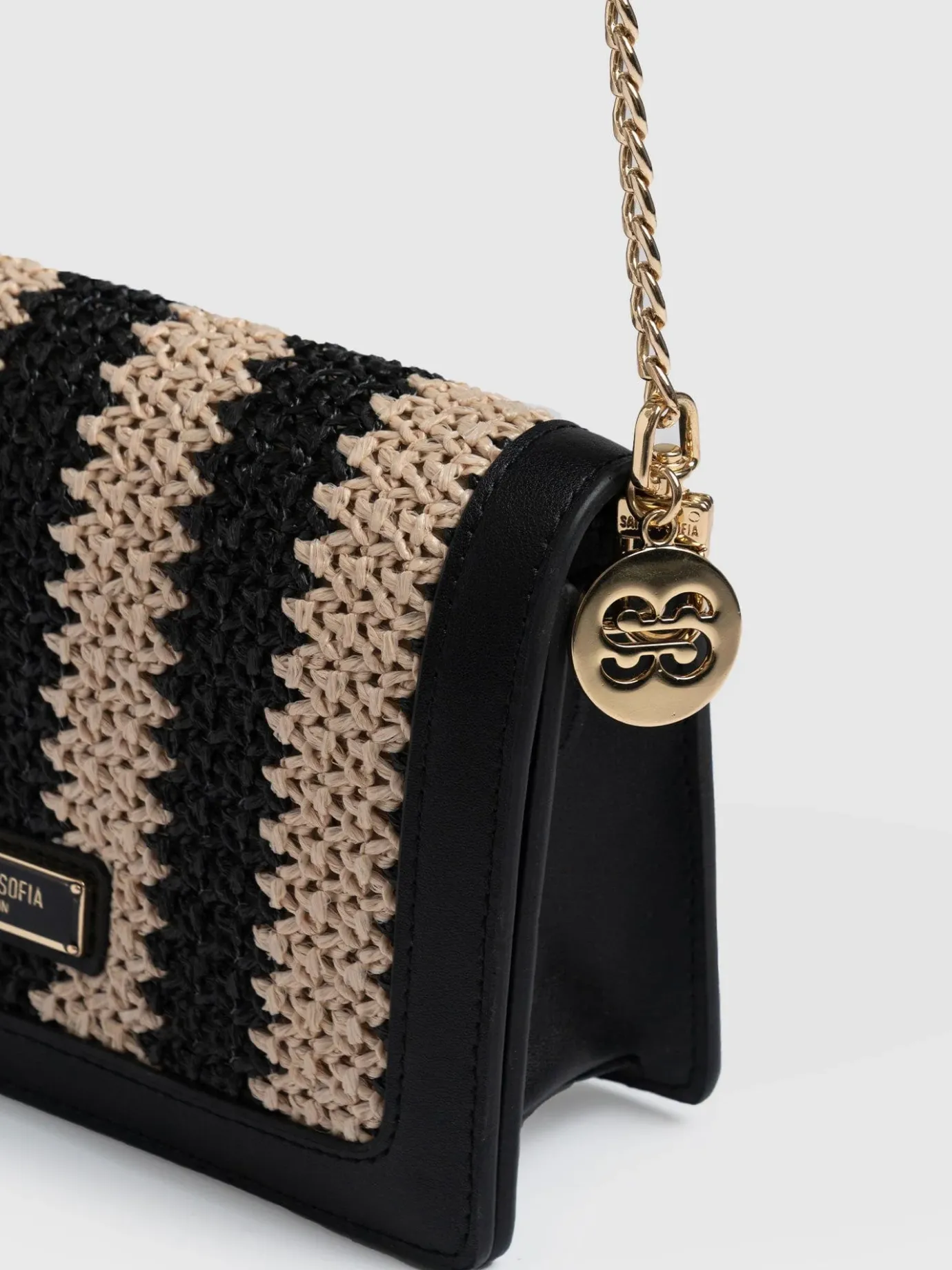 Cross Body Bags|Saint and Sofia Primrose Wallet on Chain - Beige/Black Raffia