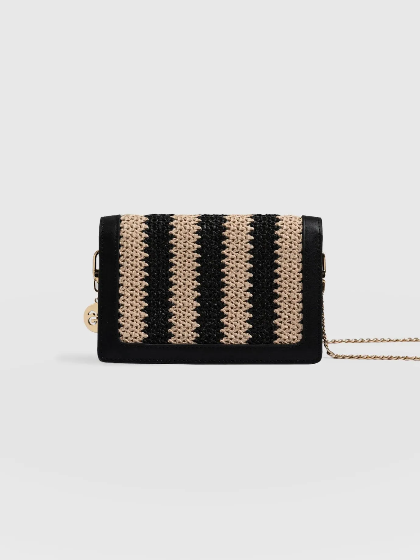 Cross Body Bags|Saint and Sofia Primrose Wallet on Chain - Beige/Black Raffia