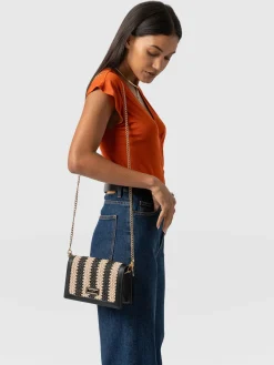 Cross Body Bags|Saint and Sofia Primrose Wallet on Chain - Beige/Black Raffia