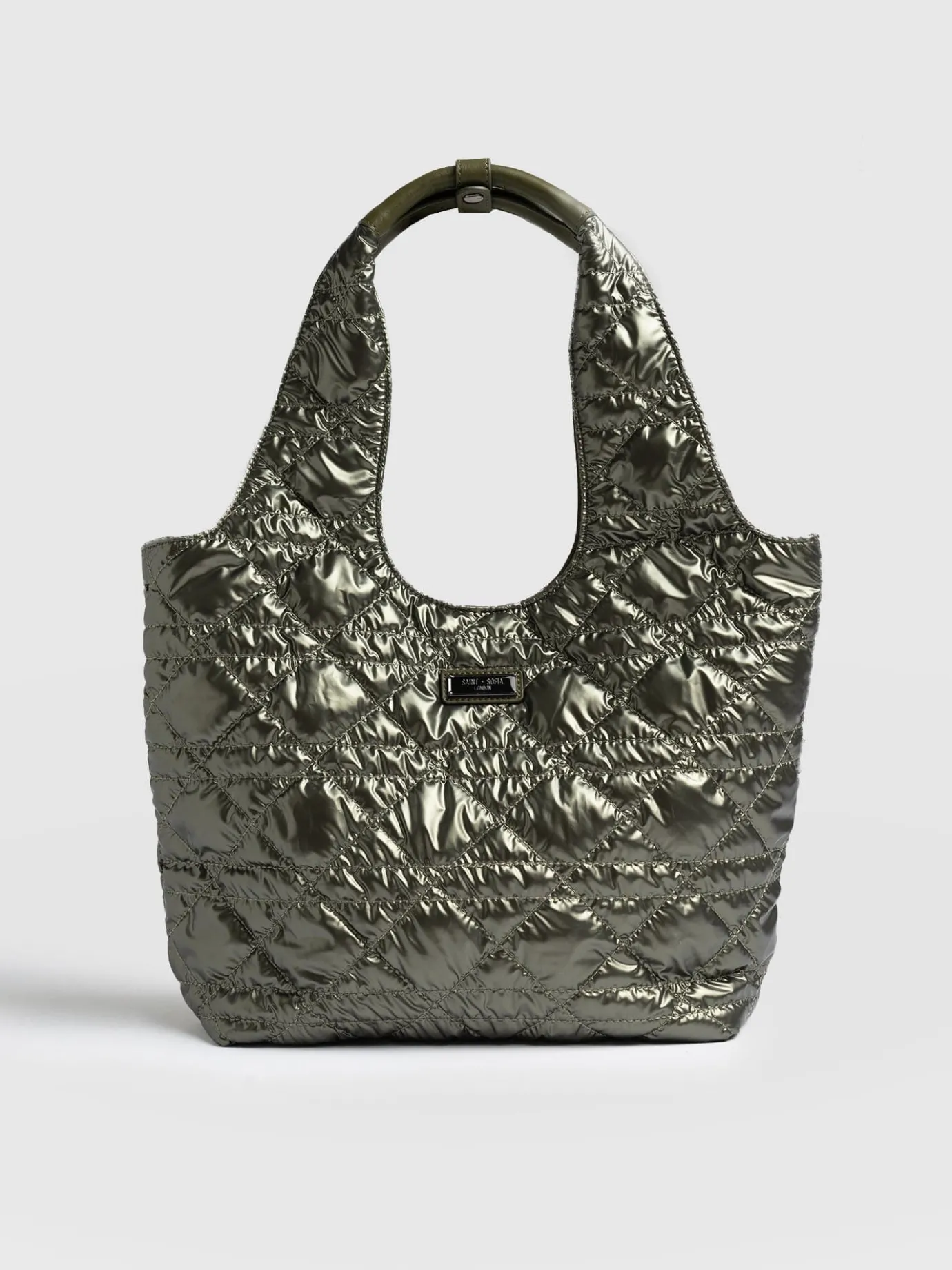 Shoulder Bags|Tote Bags|Saint and Sofia Quilted Stella Shoulder Tote Bag - Metallic Khaki