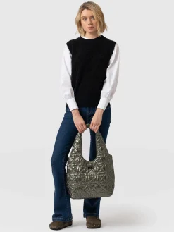 Shoulder Bags|Tote Bags|Saint and Sofia Quilted Stella Shoulder Tote Bag - Metallic Khaki